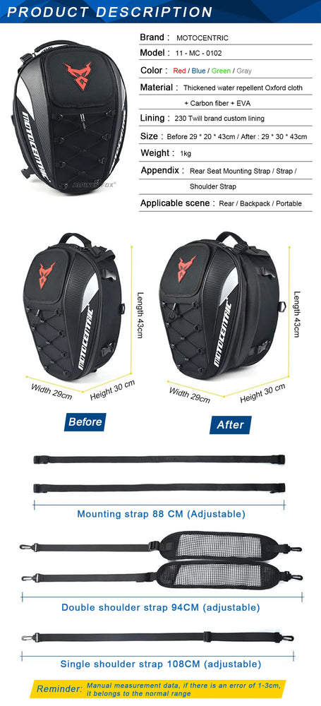37L waterproof motorcycle rear seat bag, durable