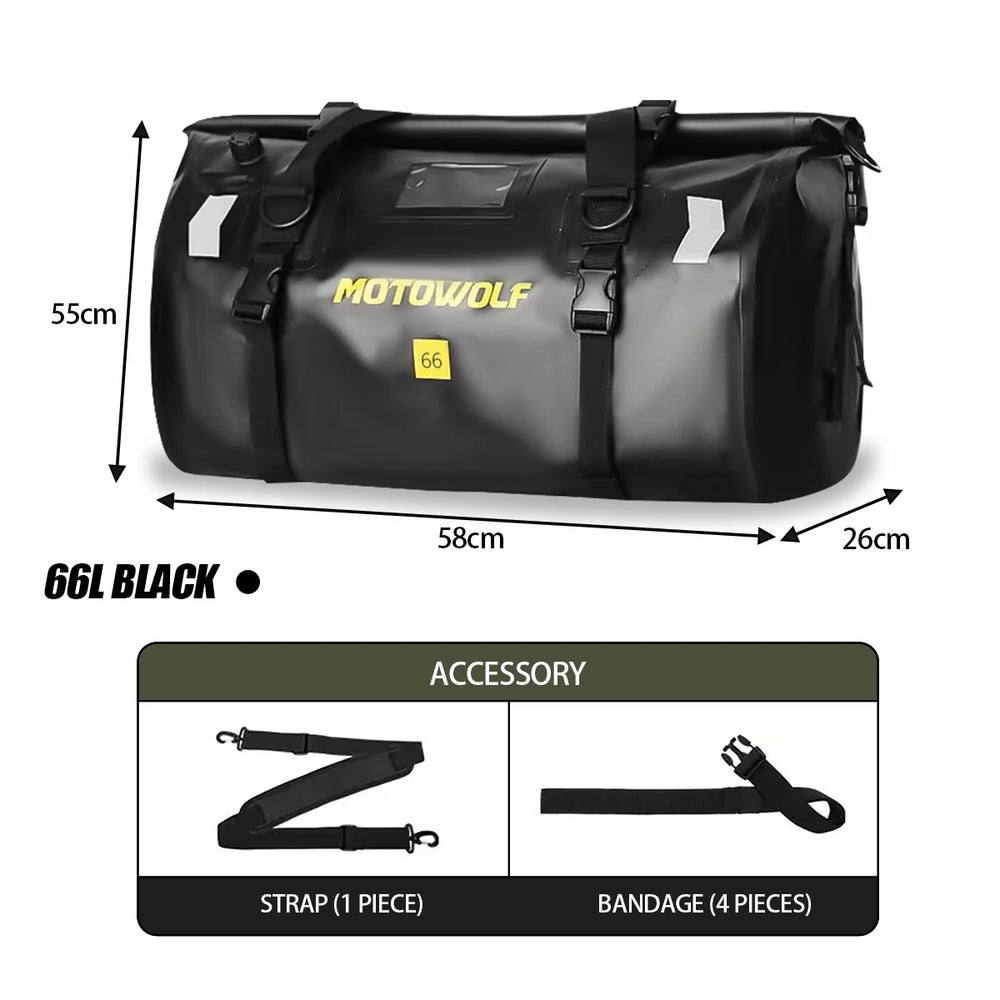 Waterproof motorcycle tail bag, 20–66L travel pack