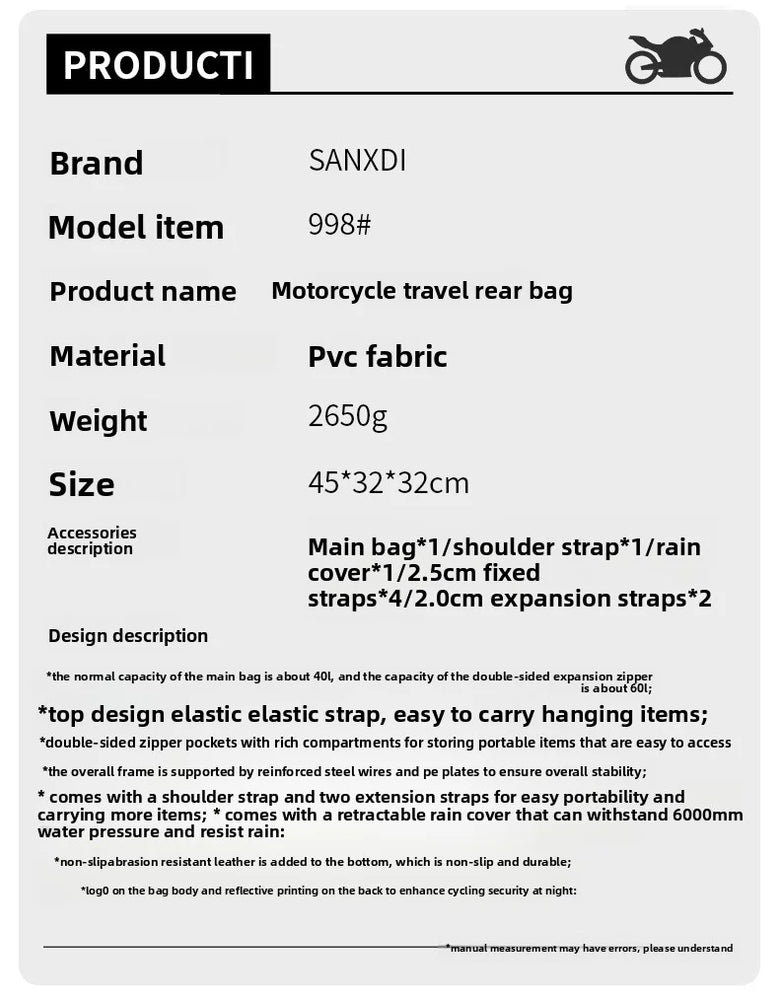 Motorcycle tail bag 19–80L, waterproof & expandable