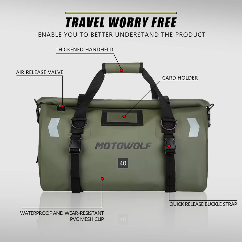 Waterproof motorcycle tail bag, 20–66L travel pack