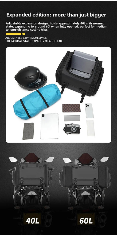 Motorcycle tail bag 19–80L, waterproof & expandable