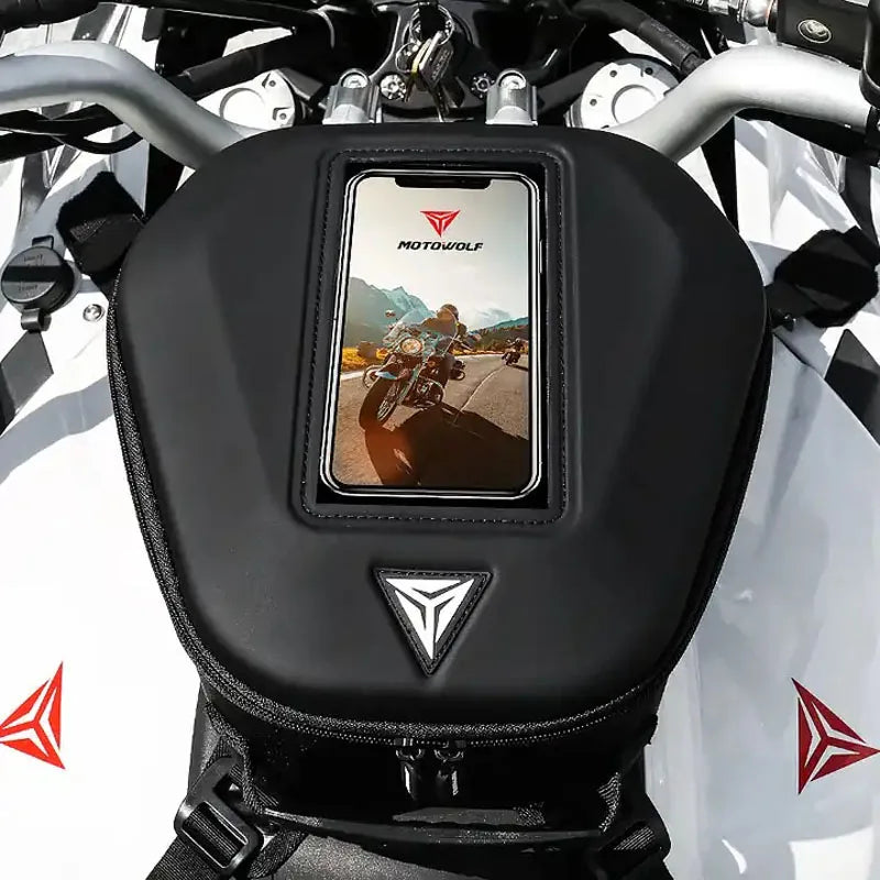 Motorcycle tank bag with magnetic mount & straps