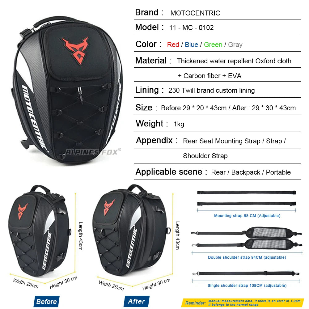 37L waterproof motorcycle rear seat bag, durable