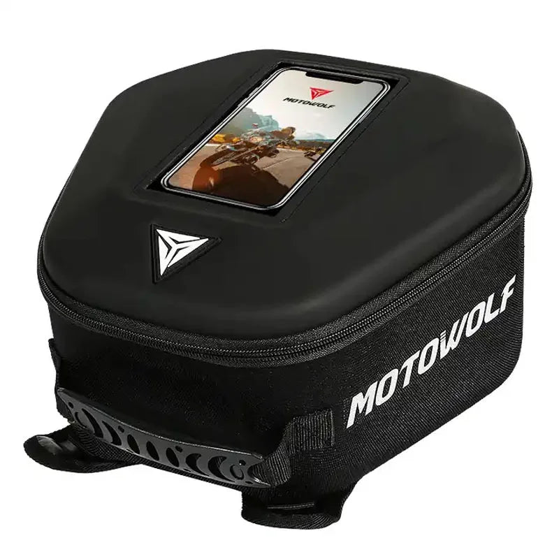 Motorcycle tank bag with magnetic mount & straps