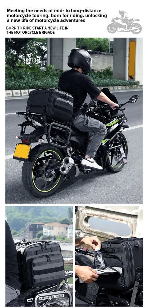Motorcycle tail bag 19–80L, waterproof & expandable