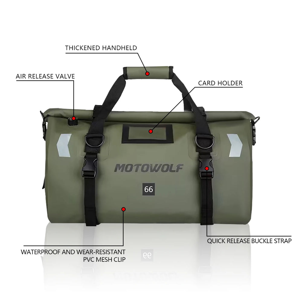 Waterproof motorcycle tail bag, 20–66L travel pack