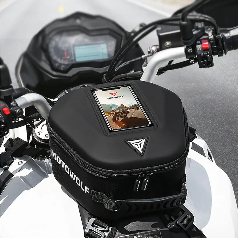 Motorcycle tank bag with magnetic mount & straps