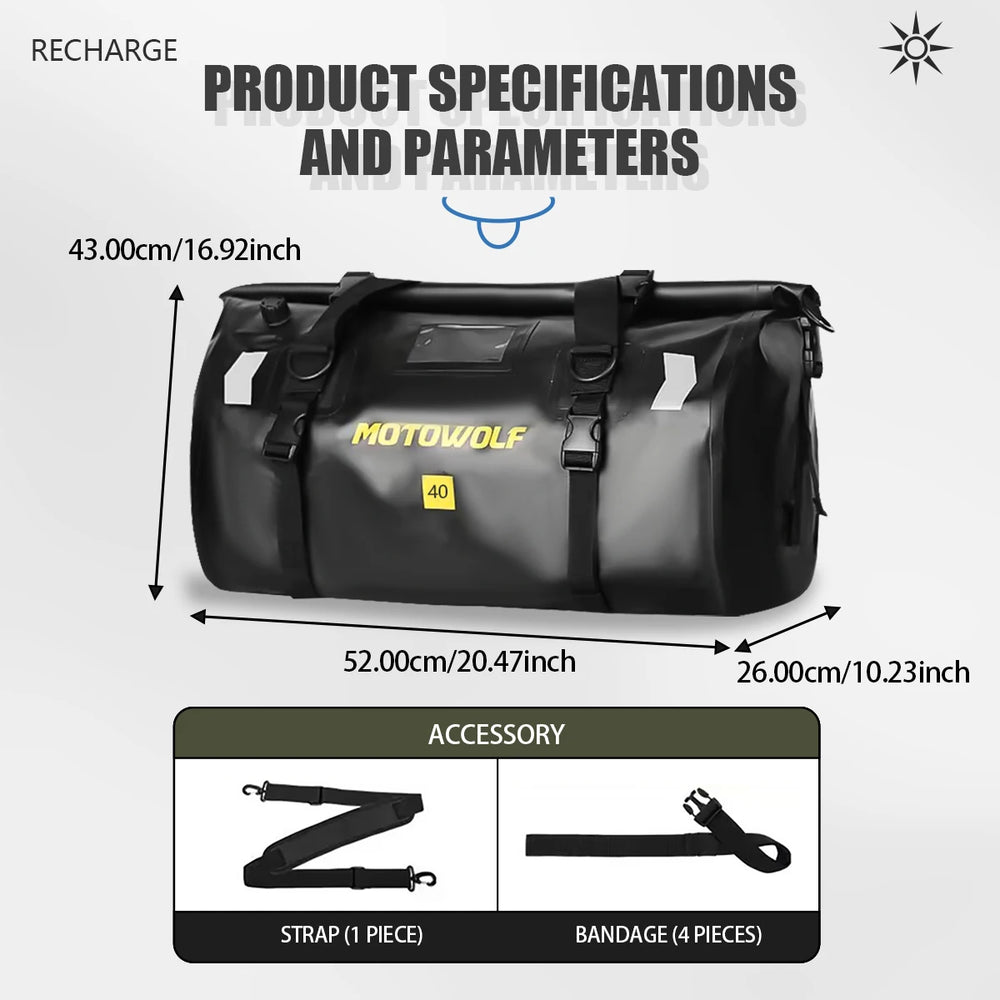 Waterproof motorcycle tail bag, 20–66L travel pack