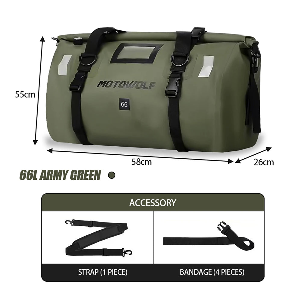 Waterproof motorcycle tail bag, 20–66L travel pack
